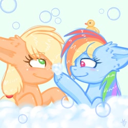 Size: 1280x1280 | Tagged: safe, artist:galaxy swirl, applejack, rainbow dash, earth pony, pegasus, pony, g4, bathing together, boop, female, lesbian, looking at each other, looking at someone, rubber duck, ship:appledash, shipping, suds