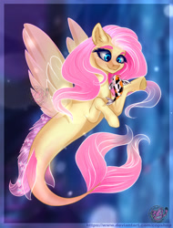 Size: 1280x1686 | Tagged: safe, artist:copshop, fluttershy, fish, koi, merpony, seapony (g4), g4, blue eyes, bubble, clothes, cute, dorsal fin, ear fluff, eyelashes, female, fin wings, fins, fish tail, flowing mane, flowing tail, logo, mare, ocean, pink mane, seaponified, seapony fluttershy, seaquestria, see-through, smiling, solo, species swap, tail, underwater, water, wings