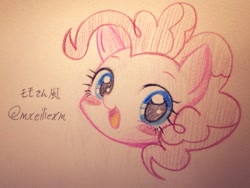 Size: 1024x768 | Tagged: safe, artist:halnohiroka, pinkie pie, earth pony, pony, g4, blushing, happy, japanese, looking at you, sketch, smiling, smiling at you