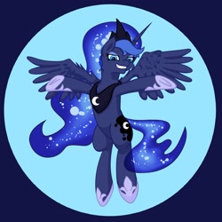 Size: 2297x2298 | Tagged: safe, artist:khaki-cap, princess luna, alicorn, pony, g4, crown, digital art, female, flying, high res, jewelry, looking at you, mare, redraw, regalia, simple, simple background, simple shading, smiling, smiling at you, spread wings, wings
