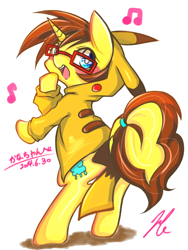 Size: 600x800 | Tagged: safe, artist:halnohiroka, pikachu, pony, unicorn, bipedal, clothes, glasses, hoodie, music notes, pokémon