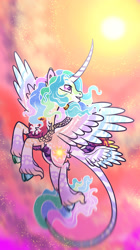 Size: 1024x1824 | Tagged: safe, artist:malinraf1615, princess celestia, pony, g4, alternate design, cloven hooves, curved horn, flying, horn, leonine tail, looking back, smiling, solo, spread wings, tail, tail wings, unshorn fetlocks, wings