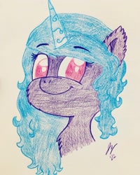 Size: 1440x1800 | Tagged: safe, artist:jesslmc16, izzy moonbow, pony, unicorn, g5, my little pony: a new generation, colored pencil drawing, drawing, female, looking at you, mare, signature, simple background, smiling, solo, traditional art, white background