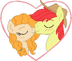 Size: 894x769 | Tagged: safe, artist:dyonys, bright mac, pear butter, g4, the perfect pear, blushing, februpony, female, freckles, hat, heart, husband and wife, kissing, male, pixel art, shipping, simple background, straight, transparent background