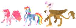 Size: 1280x466 | Tagged: safe, artist:wanderingpegasus, gilda, pinkie pie, rainbow dash, earth pony, griffon, pegasus, pony, g4, the lost treasure of griffonstone, alternate hairstyle, blushing, chest fluff, coat markings, colored hooves, cute, diapinkes, eyes closed, facial markings, feathered fetlocks, februpony, female, fluffy, fluffy mane, fluffy tail, freckles, grin, mare, markings, open mouth, pale belly, raised hoof, raised leg, redesign, simple background, smiling, snip (coat marking), socks (coat markings), tail, transparent background, trio, unshorn fetlocks