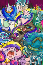 Size: 852x1280 | Tagged: safe, artist:mosamosa_n, princess cadance, queen chrysalis, shining armor, twilight sparkle, alicorn, changeling, changeling queen, pony, unicorn, g4, female, traditional art