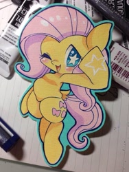 Size: 768x1024 | Tagged: safe, artist:mosamosa_n, fluttershy, pegasus, pony, g4, looking at you, one eye closed, salute, solo, starry eyes, stars, traditional art, wingding eyes, wink, winking at you