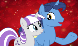 Size: 1280x759 | Tagged: safe, edit, night light, twilight velvet, pony, unicorn, g4, the crystalling, duo, female, heart, horn, male, mare, open mouth, open smile, raised hoof, ship:nightvelvet, shipping, smiling, stallion, straight