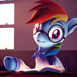 Size: 2160x2160 | Tagged: safe, artist:psfmer, rainbow dash, pegasus, pony, 3d, book, clothes, egghead, female, folded wings, glasses, head tilt, high res, looking at you, mare, open mouth, round glasses, school uniform, schoolgirl, solo, source filmmaker, table, underhoof, window, wings