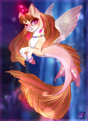 Size: 1280x1757 | Tagged: safe, artist:copshop, oc, oc only, pegasus, pony, seapony (g4), brown mane, bubble, coral, cute, dorsal fin, female, fin wings, fins, fish tail, flowing mane, flowing tail, glowing, jewelry, logo, looking at you, mare, necklace, ocean, pink eyes, seaponified, seaquestria, smiling, smiling at you, solo, species swap, tail, underwater, water, wings