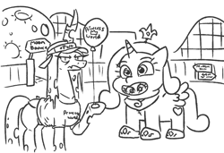 Size: 944x644 | Tagged: safe, artist:jargon scott, princess cadance, queen chrysalis, changeling, changeling queen, pony, g4, balloon, black and white, clothes, costume, duo, female, frown, grayscale, hoof hold, monochrome, queen chrysalis is not amused, shirt, theme park, unamused