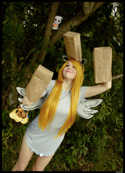 Size: 1024x1412 | Tagged: safe, artist:krazykari, derpy hooves, human, g4, clothes, cosplay, costume, food, irl, irl human, muffin, nightmare night costume, paper bag, paper bag wizard, photo