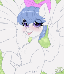 Size: 1060x1226 | Tagged: safe, artist:shinizavr, oc, oc only, pegasus, pony, avatar, blushing, bow, chest fluff, ear fluff, hair bow, looking at you, smiling, smiling at you, solo, tongue out