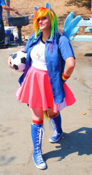 Size: 507x960 | Tagged: safe, artist:reinbewpastel, rainbow dash, human, equestria girls, g4, clothes, converse, cosplay, costume, football, irl, irl human, multicolored hair, photo, rainbow hair, shoes, sneakers, sports