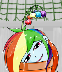 Size: 640x740 | Tagged: safe, artist:batipin, rainbow dash, equestria girls, g4, flower, flower in hair, hair, offscreen character, solo, vase, water, wet, wet mane, wtf