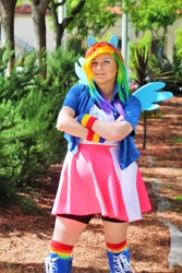 Size: 1280x1920 | Tagged: safe, artist:reinbewpastel, rainbow dash, human, equestria girls, g4, 2017, clothes, cosplay, costume, crossed arms, irl, irl human, multicolored hair, photo, rainbow hair, solo