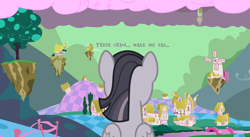 Size: 3552x1942 | Tagged: safe, artist:estories, artist:wardex101, artist:zvn, edit, twilight sparkle, alicorn, pony, g4, bad end, chaos, cloud, cotton candy, cotton candy cloud, discorded, discorded landscape, discorded twilight, female, floating island, food, green sky, ponyville, sad, scenery, solo, text, twilight sparkle (alicorn), twilight tragedy