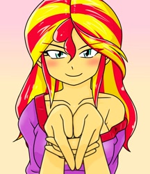Size: 640x740 | Tagged: safe, alternate version, artist:batipin, sunset shimmer, equestria girls, g4, blushing, breasts, busty sunset shimmer, cleavage, clothes, evil smile, female, gradient background, grin, looking at you, multiple variants, off shoulder, pajamas, smiling, smiling at you, solo
