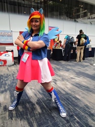 Size: 1440x1920 | Tagged: safe, artist:reinbewpastel, rainbow dash, human, equestria girls, g4, babscon, babscon 2017, clothes, converse, cosplay, costume, irl, irl human, multicolored hair, photo, rainbow hair, shoes, sneakers