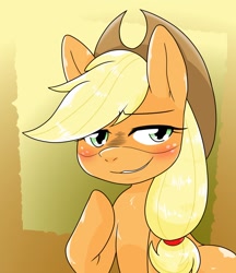 Size: 1280x1480 | Tagged: safe, artist:batipin, applejack, earth pony, pony, g4, applejack's hat, blushing, cowboy hat, freckles, hat, looking at you, solo