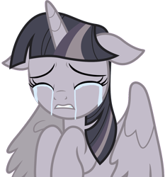Size: 3504x3758 | Tagged: safe, anonymous artist, artist:pink1ejack, edit, twilight sparkle, alicorn, pony, g4, interseason shorts, starlight the hypnotist, crying, discorded, discorded twilight, eyes closed, female, floppy ears, high res, horn, mare, sad, simple background, sitting, solo, transparent background, twilight sparkle (alicorn), twilight tragedy, vector, wings