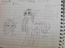 Size: 2048x1536 | Tagged: safe, artist:destroyer_aky, oc, oc only, oc:milky berry, pegasus, pony, glasses, japanese, lined paper, sketch, sparkles, traditional art