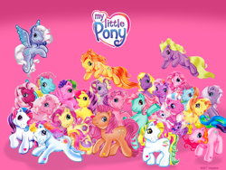 Size: 1024x768 | Tagged: safe, apple spice, bowtie (g3), bumblesweet (g3), cherry blossom (g3), coconut cream (g3), coconut grove, cotton candy (g3), daisyjo, doseydotes (g3), gem blossom, minty, pinkie pie (g3), rainbow dash (g3), rarity (g3), royal bouquet, silver glow, skywishes, sparkleworks, sunny daze (g3), thistle whistle, tiddly wink, tra-la-la, triple treat, tulip twinkle, twinkle twirl, wysteria, breezie, earth pony, pegasus, pony, unicorn, g3, official, 2000s, 2007, adorablossom, bipedal, coconut cute, cute, cutewishes, dawwsyjo, diabreezies, female, flying, friends, g3 bumbledorable, g3 cherrydorable, g3 cottoncandybetes, g3 cutie blossom, g3 dashabetes, g3 dazeabetes, g3 diapinkes, g3 doseybetes, g3 raribetes, g3 silverbetes, g3 tieabetes, g3betes, group, groveabetes, heart, hoof heart, jumping, leaping, mare, mintabetes, my little pony logo, pink background, running, simple background, sparklebetes, spiceabetes, sunny scent pony, thistlebetes, tiddlybetes, tralalabetes, triplebetes, tulipabetes, twinkledorable, wysteriadorable