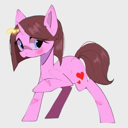 Size: 1400x1400 | Tagged: safe, artist:destroyer_aky, oc, oc only, oc:lovely manon, pony, unicorn, blushing, female, gray background, heart, horn, mare, simple background, solo, unicorn oc