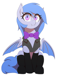 Size: 1250x1500 | Tagged: safe, artist:thebatfang, oc, oc only, oc:lucky roll, bat pony, pony, bat pony oc, bat wings, blue mane, bowtie, clothes, female, gradient eyes, looking at you, ponerpics community collab 2022, simple background, smiling, socks, solo, stockings, thigh highs, transparent background, vest, wings