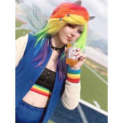 Size: 1080x1080 | Tagged: safe, rainbow dash, human, g4, belly button, clothes, cosplay, costume, drink, gatorade, irl, irl human, multicolored hair, photo, rainbow hair