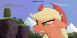 Size: 4000x2000 | Tagged: safe, artist:phlerius, applejack, earth pony, pony, g4, angry, complex background, digital art, ears back, forest, mountain, solo