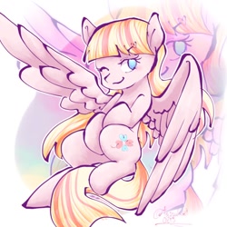 Size: 768x768 | Tagged: safe, artist:tanukei0815, oc, oc only, oc:milky berry, pegasus, pony, female, heart, looking at you, mare, one eye closed, pegasus oc, solo, wink, winking at you, zoom layer