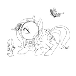 Size: 1400x1400 | Tagged: safe, artist:destroyer_aky, fluttershy, butterfly, mouse, pegasus, pony, rabbit, squirrel, g4, animal, boop, female, lineart, mare, simple background, sketch, white background