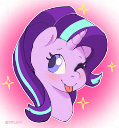 Size: 980x1054 | Tagged: safe, artist:talimingi, starlight glimmer, g4, ;p, blushing, bust, colored pupils, cute, glimmerbetes, one eye closed, portrait, solo, sparkles, tongue out, wink