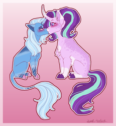 Size: 1250x1350 | Tagged: safe, artist:windlylelka, starlight glimmer, trixie, classical unicorn, pony, unicorn, g4, blushing, chest fluff, cloven hooves, curved horn, duo, female, floppy ears, horn, kiss on the lips, kissing, leonine tail, lesbian, lidded eyes, mare, ship:startrix, shipping, smiling, surprised, tail, unshorn fetlocks