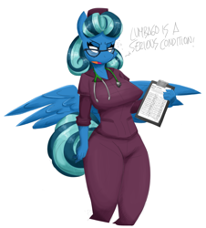 Size: 4700x5200 | Tagged: safe, artist:flutterthrash, oc, oc only, oc:dewfus, anthro, breasts, clipboard, clothes, female, glasses, lumbago, mare, nurse, scrubs (gear), solo, stethoscope, text