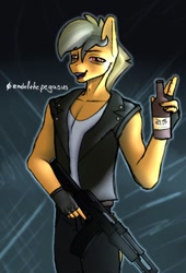 Size: 1500x2200 | Tagged: safe, artist:endelthepegasus, oc, oc only, oc:alexon neal, earth pony, anthro, ak-74, alcohol, anthro oc, assault rifle, beer, bottle, clothes, crossover, eyebrows, eyebrows visible through hair, fingerless gloves, gloves, gun, leather vest, left 4 dead, lidded eyes, looking at you, male, open mouth, open smile, outfit, rifle, signature, smiling, smiling at you, solo, weapon