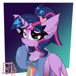 Size: 2000x2000 | Tagged: safe, artist:jubyskylines, twilight sparkle, alicorn, pony, g4, book, chest fluff, clothes, ear fluff, female, gradient background, high res, hoof on chin, mare, nerd, ponytail, solo, sweater, twilight sparkle (alicorn)