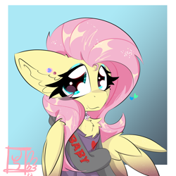 Size: 2000x2000 | Tagged: safe, artist:jubyskylines, fluttershy, pegasus, pony, g4, big ears, bust, chest fluff, choker, chokershy, clothes, ear fluff, eyeshadow, female, gradient background, high res, hoodie, looking at you, makeup, mare, one wing out, passepartout, smiling, solo, three quarter view, wings