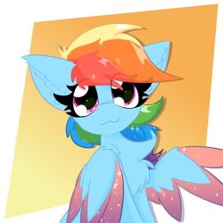 Size: 2362x2362 | Tagged: safe, artist:jubyskylines, rainbow dash, pegasus, pony, g4, :3, chest fluff, colored wings, cute, dashabetes, ear fluff, eye clipping through hair, female, gradient background, high res, mare, multicolored wings, solo, sparkly mane, wings