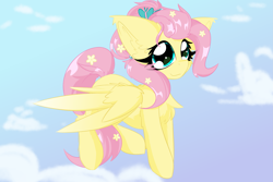 Size: 3543x2362 | Tagged: safe, artist:jubyskylines, fluttershy, pegasus, pony, g4, alternate hairstyle, chest fluff, ear fluff, flower, flower in hair, flying, high res, sky background, solo