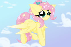 Size: 3543x2362 | Tagged: safe, artist:jubyskylines, fluttershy, pegasus, pony, g4, alternate hairstyle, chest fluff, ear fluff, female, flower, flower in hair, flying, high res, mare, sky background, solo, wings