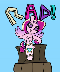 Size: 4253x5088 | Tagged: safe, artist:botckap, princess cadance, alicorn, pony, g4, pink fur, rad, simple background, skateboard, skatepark, stunt, text, wheel