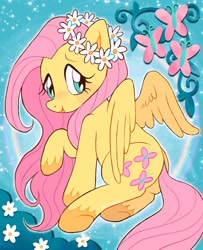 Size: 1440x1771 | Tagged: safe, artist:alexbeeza, fluttershy, pegasus, pony, g4, aside glance, blushing, colored hooves, female, floral head wreath, flower, flower in hair, looking at you, looking over shoulder, mare, open mouth, open smile, raised hoof, smiling, solo, spread wings, wings