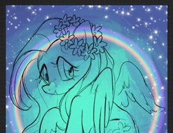 Size: 1264x974 | Tagged: safe, artist:alexbeeza, fluttershy, pegasus, pony, g4, female, flower, flower in hair, lineart, looking at you, looking over shoulder, mare, rainbow, solo