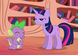 Size: 918x643 | Tagged: artist needed, safe, spike, twilight sparkle, dragon, pony, unicorn, g4, cute, female, funny, golden oaks library, haircut, laughing, library, male, mare, twilight sparkle is not amused, unamused, unicorn twilight