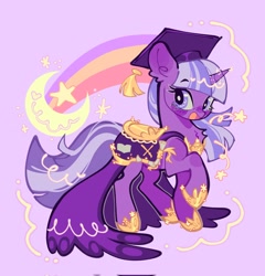 Size: 1966x2048 | Tagged: safe, artist:bunbunbewwii, twilight twinkle, pony, unicorn, alternate design, crescent moon, female, graduation cap, hat, looking at you, mare, moon, open mouth, open smile, purple background, simple background, smiling, smiling at you, solo, stars