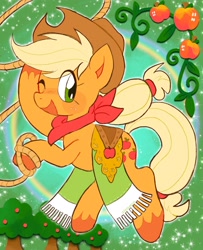 Size: 1664x2048 | Tagged: safe, artist:alexbeeza, applejack, earth pony, pony, g4, apple, apple tree, applejack's hat, cowboy hat, cute, female, food, freckles, hat, jackabetes, looking at you, mare, one eye closed, open mouth, open smile, rainbow, rope, smiling, smiling at you, solo, tree, wink, winking at you
