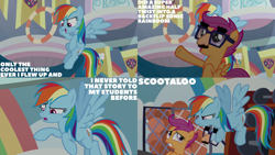 Size: 1280x720 | Tagged: safe, edit, edited screencap, editor:quoterific, screencap, rainbow dash, scootaloo, pegasus, pony, g4, marks for effort, season 8, duo, female, filly, flying, foal, groucho mask, mare, open mouth, open smile, school of friendship, smiling, spread wings, wings