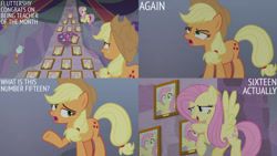 Size: 1280x720 | Tagged: safe, edit, edited screencap, editor:quoterific, screencap, applejack, fluttershy, earth pony, pegasus, pony, g4, interseason shorts, teacher of the month (episode), applejack's hat, cowboy hat, duo, female, flying, hat, mare, open mouth, open smile, school of friendship, smiling, spread wings, wings